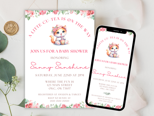Printable Boba Cat Baby Shower Invitation 