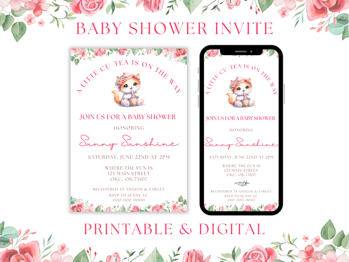 Printable Boba Cat Baby Shower Invitation 