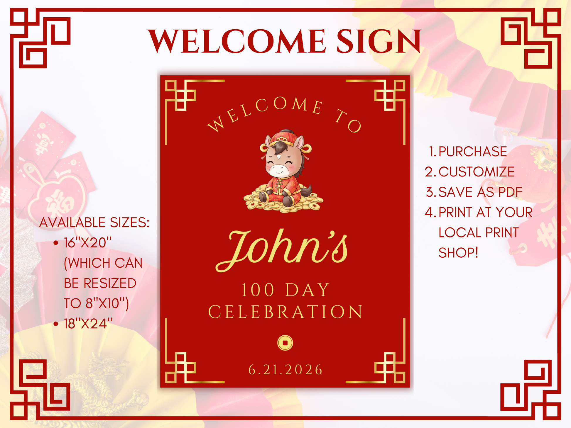 100 day year of the horse party welcome sign