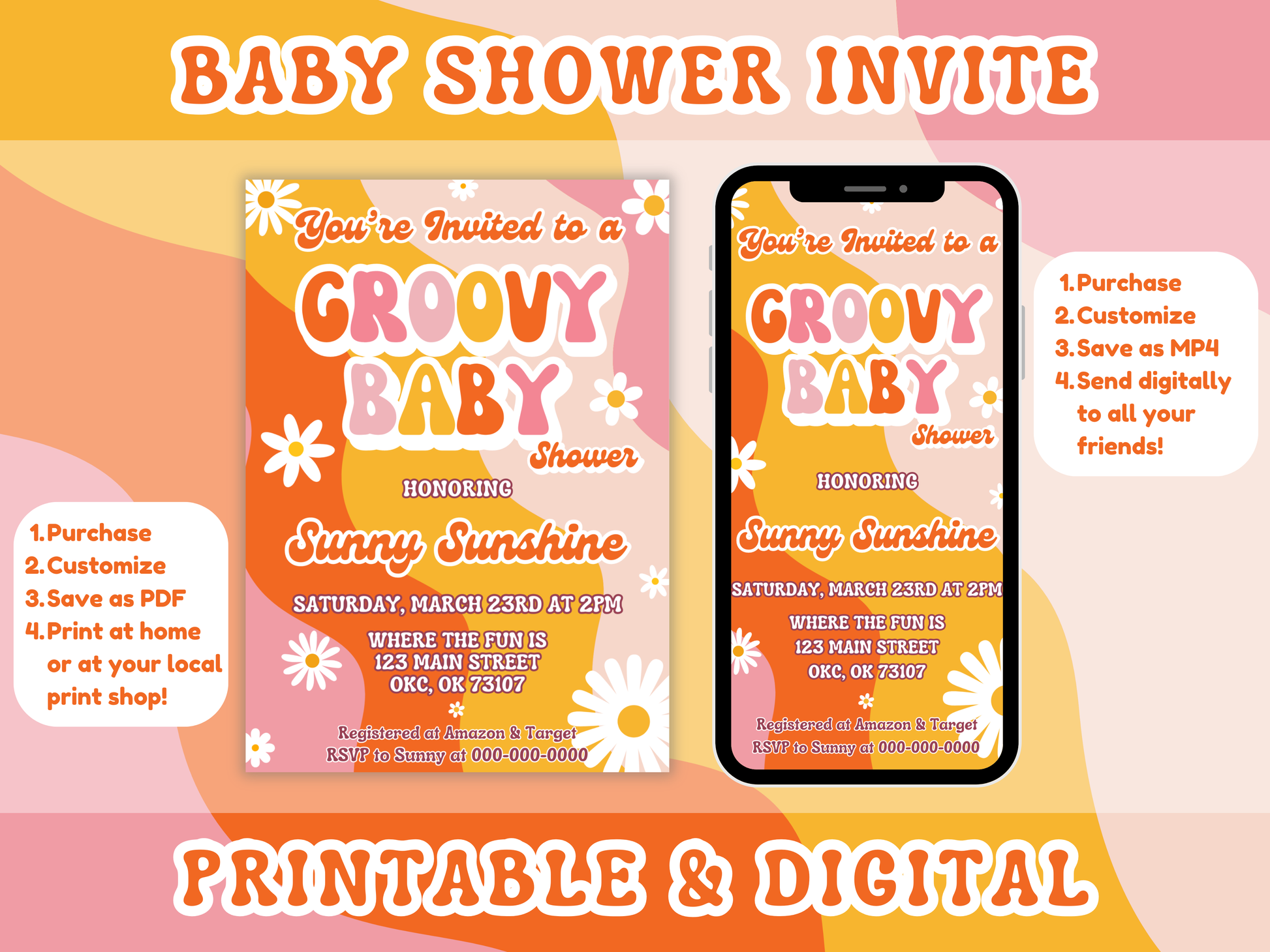 Groovy Baby Shower Printable Invitation Set