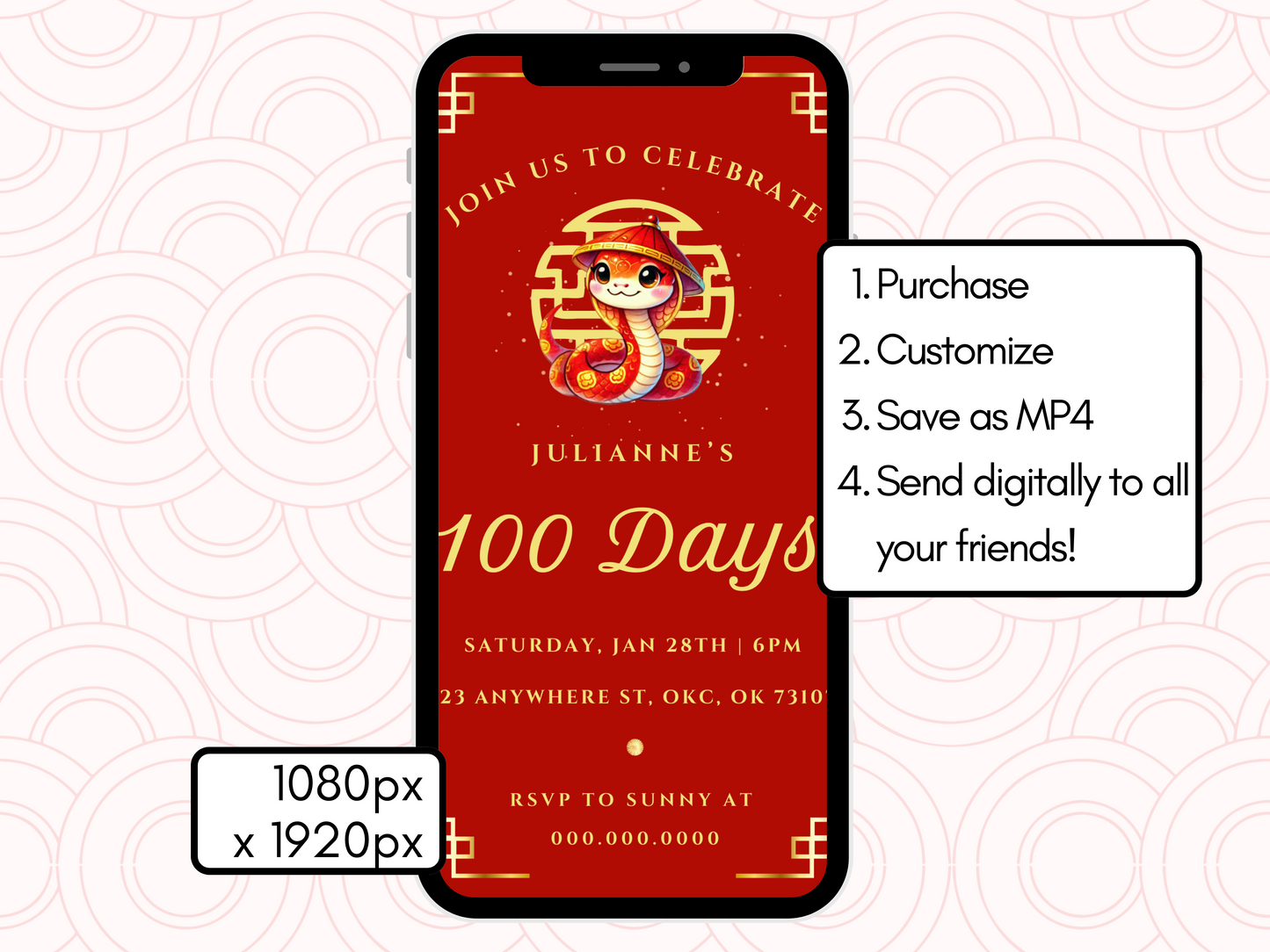 100 Day Celebration, Year of the Snake Invitation | Red Egg and Ginger Party Printable, Digital Invite | Editable