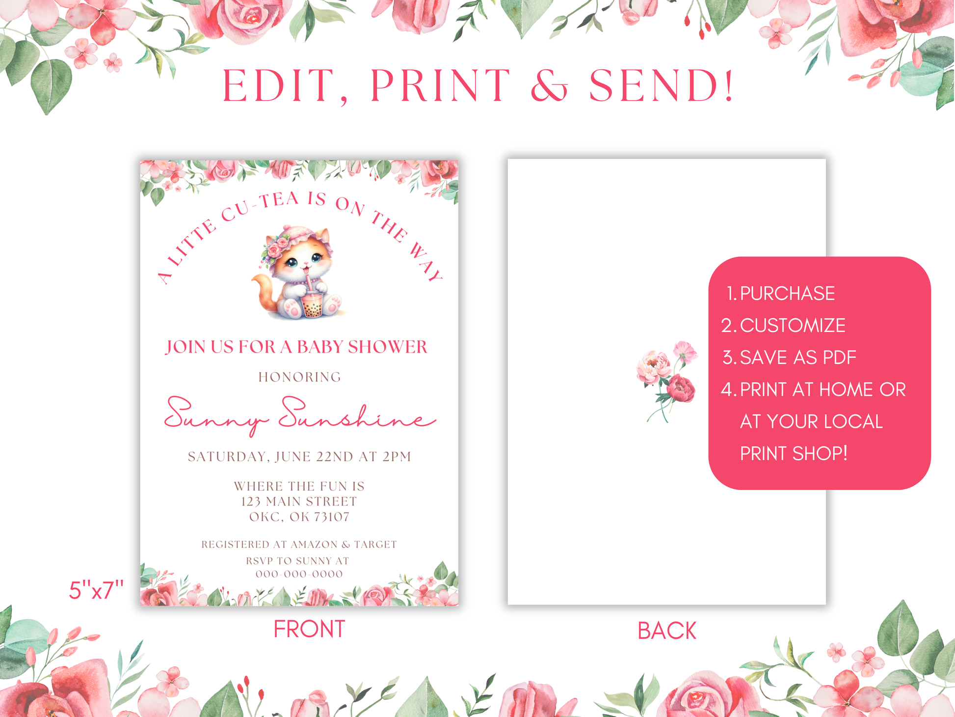 Printable Boba Cat Baby Shower Invitation 