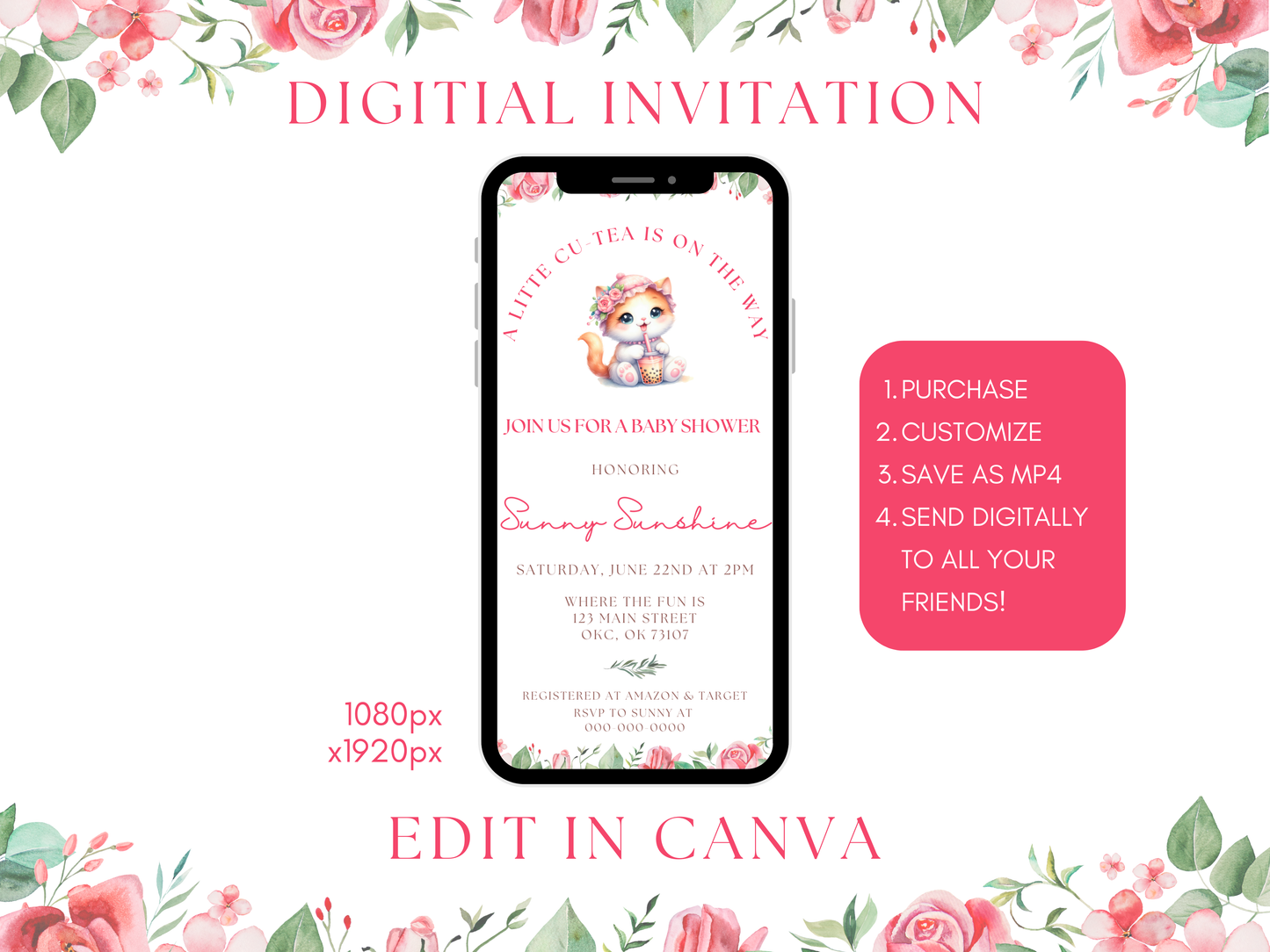 Printable Boba Cat Baby Shower Invitation 